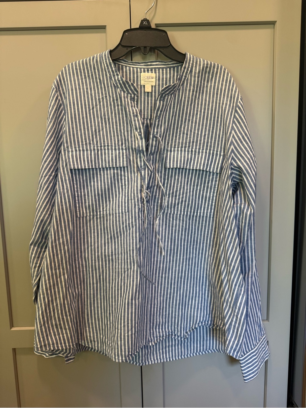 J. Crew Blue and White Striped Linen-Blend Blouse